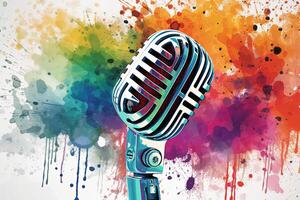 palcoscenico microfono su colorato sfondo. mic per cantante, podcast, voce artista. generativo ai foto