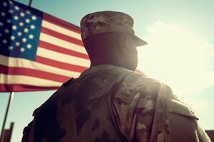 americano soldato ritratto, noi bandiera sfondo. generativo ai foto