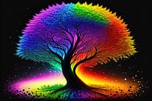 arcobaleno albero isolato nel davanti di nero sfondo di ai generato foto