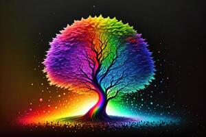 arcobaleno albero isolato nel davanti di nero sfondo di ai generato foto