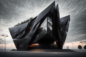 un' futuristico edificio con nero facciata e acuto bordi di ai generato foto
