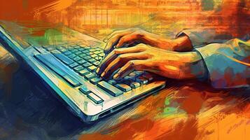 mani digitando su tastiera di computer nel astratto grunge la pittura, generativo ai tecnologia. foto