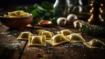 vicino su Visualizza di italiano piatto ravioli cucinando tavolo. generativo ai. foto