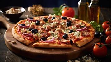 appena al forno greco mediterraneo Pizza con pomodori e basilico su rustico di legno tavolo. generativo ai. foto