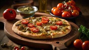 fatti in casa italiano Pizza con pesto salsa, magro pomodoro pezzo sormontato su di legno taglio tavola. cibo fotografia, generativo ai. foto