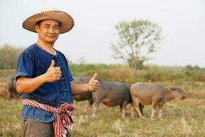 bello asiatico uomo contadino indossa cappello, blu camicia, pollici su a animale azienda agricola. concetto, bestiame, tailandese agricoltori aumentare e prendere cura bufali come economico e esportare animali. foto