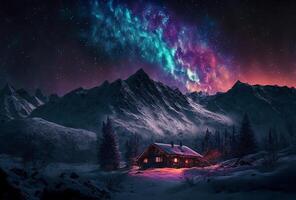 notte paesaggio az settentrionale luci sopra nevoso montagna picchi, generativo ai foto