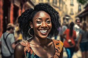 contento sorridente giovane africano americano donna, generativo ai foto