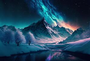 notte paesaggio az settentrionale luci sopra nevoso montagna picchi, generativo ai foto