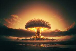 illustrazione di enorme nucleare bomba esplosione al di sopra di città. generativo un' foto