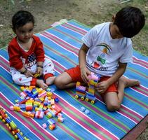 Due contento ragazzi nel società parco, contento asiatico fratelli chi siamo sorridente felicemente insieme. fratelli giocare all'aperto nel estate, migliore gli amici. bambino piccolo bambino ragazzo giocando con il suo contento fratello nel il giardino foto