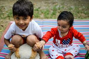 Due contento ragazzi nel società parco, contento asiatico fratelli chi siamo sorridente felicemente insieme. fratelli giocare all'aperto nel estate, migliore gli amici. bambino piccolo bambino ragazzo giocando con il suo contento fratello nel il giardino foto