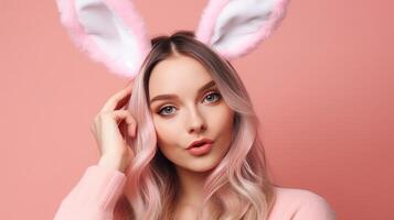 divertente Pasqua coniglietto ragazza con orecchie generativo ai foto