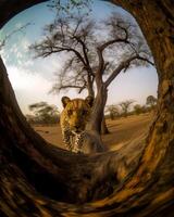 immagine di leopardo arrampicata al di sopra di il superiore di un' albero generativo ai foto
