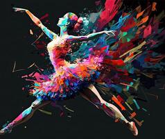 balletto ballerino spruzzo colorato illustrazione, nero sfondo con copia spazio. generativo ai foto