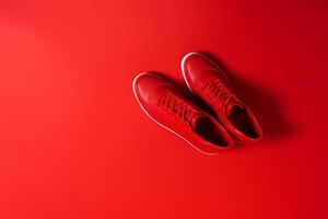 paio di nuovo elegante rosso scarpe da ginnastica su rosso sfondo. internazionale rosso scarpe da ginnastica giorno. generativo ai foto