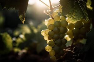 un' mazzo di uva su un' vite con il sole splendente attraverso il le foglie. generativo ai foto