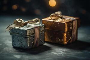 Due regalo scatola marea con oro nastri su Vintage ▾ sfondo, La madre di giorno o Il padre di giorno o agrifoglio giorno generativo ai foto