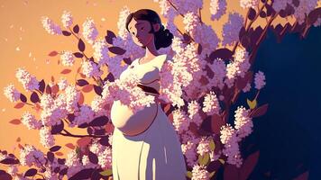 un intimo realistico illustrazione mostrando un' incinta donna e circondato di bellissimo fiori, natura, offerta un emozione di pace e connessione. generativo ai foto