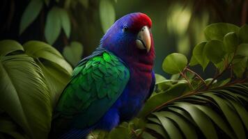 colorato paio di pappagalli seduta su ramo fra foglie tropicale foresta pluviale , fiori nel il sfondo, 3d interpretazione incredibilmente dettagliato. foto