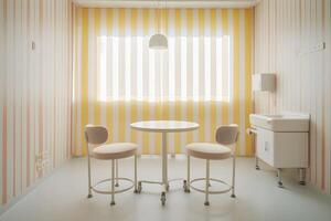 interno di un' ospedale camera con un' il giro tavolo e sedie e un' finestra con giallo e bianca persiane. generativo ai illustrazione. foto