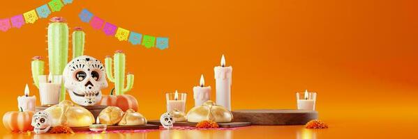 3d interpretazione per giorno di il morto, dia de muertos altare concetto. composizione di carino zucchero teschi, bianca candele, calendula fiori, padella de morto, cactus, chitarra di il morto. 3d illustrazione foto