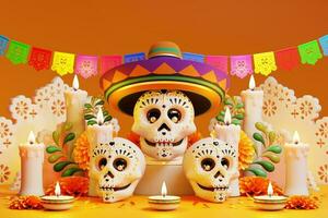 3d interpretazione per giorno di il morto, dia de muertos altare concetto. composizione di carino zucchero teschi, bianca candele, calendula fiori, padella de morto, cactus, chitarra di il morto. 3d illustrazione foto