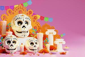 3d interpretazione per giorno di il morto, dia de muertos altare concetto. composizione di carino zucchero teschi, bianca candele, calendula fiori, padella de morto, cactus, chitarra di il morto. 3d illustrazione foto