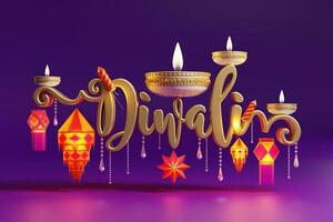 3d interpretazione per Diwali Festival diwali, Deepavali o dipavali il Festival di luci India con oro diya su podio, fantasia e cristalli su colore sfondo. foto