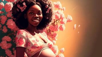 un intimo realistico illustrazione mostrando un' incinta africano donna e circondato di bellissimo fiori, natura, offerta un emozione di pace e connessione. generativo ai foto