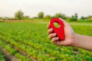 rosso Posizione perno su azienda agricola campo. acquisto e vendita su terra mercato. tracciare confine demarcazione servizio. legale regolamento di proprietà. agricoltura e agroalimentare. terra mandato, proprietà terriera foto