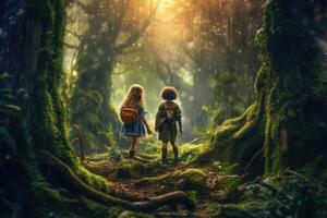 ai generato Due bambini sensazione il magico atmosfera come essi accedere foresta sfondo foto