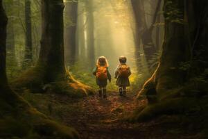 ai generato Due bambini sensazione il magico atmosfera come essi accedere foresta sfondo foto