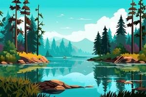 ai generato lago Visualizza con foresta e fiume nel inverno sfondo foto