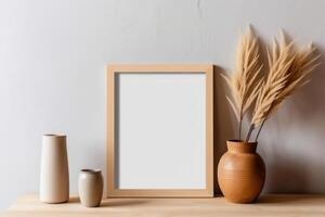 ai generato vuoto di legno immagine telaio modello nel casa parete interno design sfondo foto