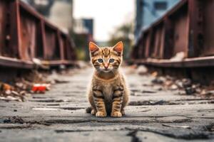 ai generato vagante gattino nel Pericolo animale sfondo foto