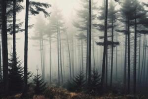 ai generato vicino Visualizza di un' montagna foresta con alto alberi mistico e nebbia truce sfondo foto