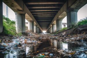 ai generato biologico spazzatura nel il fiume sotto ponte sfondo foto