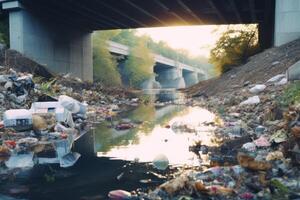 ai generato biologico spazzatura nel il fiume sotto ponte sfondo foto