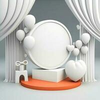 3d rendere di circolare telaio su podio con regalo scatola, palloncini decorato leggero grigio tenda sfondo. foto