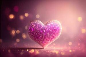 3d rendere, brillante rosa glitterato cuore forma su bokeh sfondo. amore concetto. foto