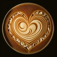 superiore Visualizza di realistico latte macchiato caffè arte con schiuma increspato cuori. 3d resa. foto
