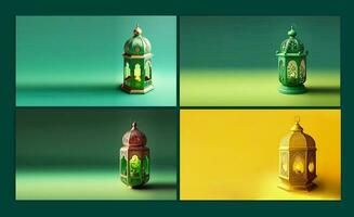 3d rendere, collezione di illuminato Arabo lampade contro sfondo. islamico Festival concetto. foto