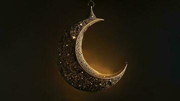 3d rendere di sospeso squisito brillante lavorato Luna con stelle su buio sfondo. islamico religioso concetto. foto
