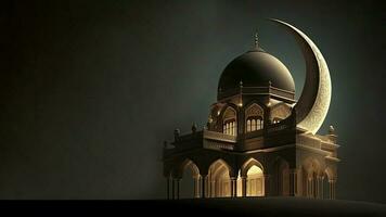 3d rendere di squisito moschea e mezzaluna Luna su buio sfondo. islamico religioso concetto. foto