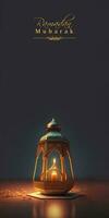 Ramadan mubarak bandiera design con realistico illuminato Arabo lampada su buio sfondo. 3d rendere. foto