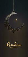 Ramadan mubarak bandiera design con 3d rendere di sospeso squisito mezzaluna Luna e stella su nero sfondo. foto