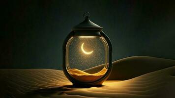bellissimo mezzaluna Luna con illuminazione dentro bicchiere lanterna su sabbia duna. islamico Festival concetto. 3d rendere. foto
