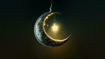 3d rendere di sospeso squisito brillante lavorato Luna con stella su buio sfondo. islamico religioso concetto. foto