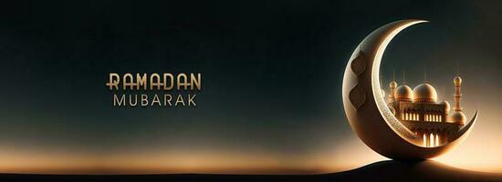 Ramadan mubarak bandiera design con d'oro glitterato testo, 3d rendere di mezzaluna Luna con bellissimo moschea su sera sfondo. foto